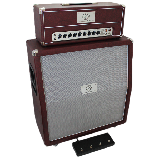 Amplificador valvulado AcedoAudio modelo 302 cabeçote 3 canais e gabinete 4×12 vinho tela prata